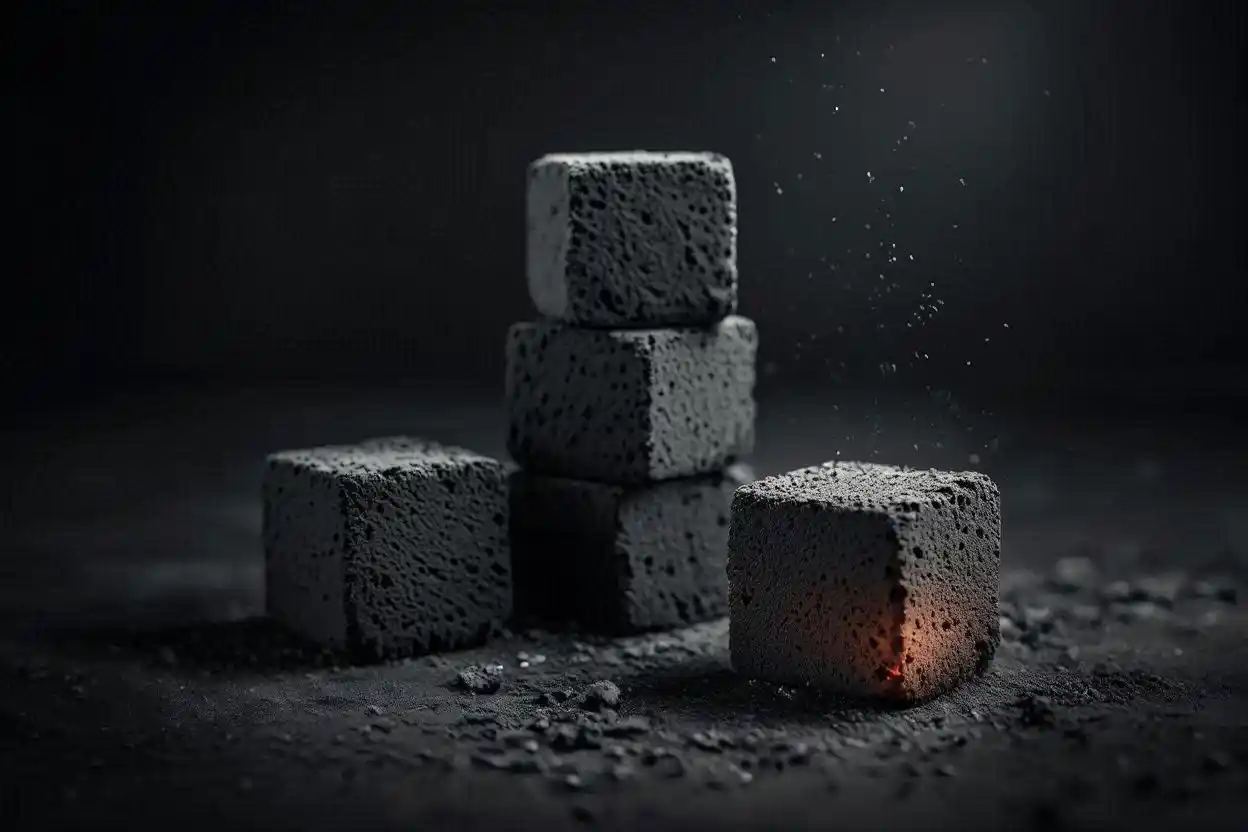 Coconut charcoal cube minimal residue with uniform cubes producing clean burn and low ash