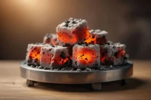 Low ash coconut charcoal cubes glowing evenly on a metal holder with minimal ash residue visible
