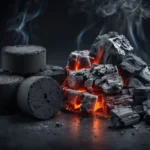 coconut charcoal vs wood charcoal comparison showing briquettes and wood charcoal with visible heat and texture differences