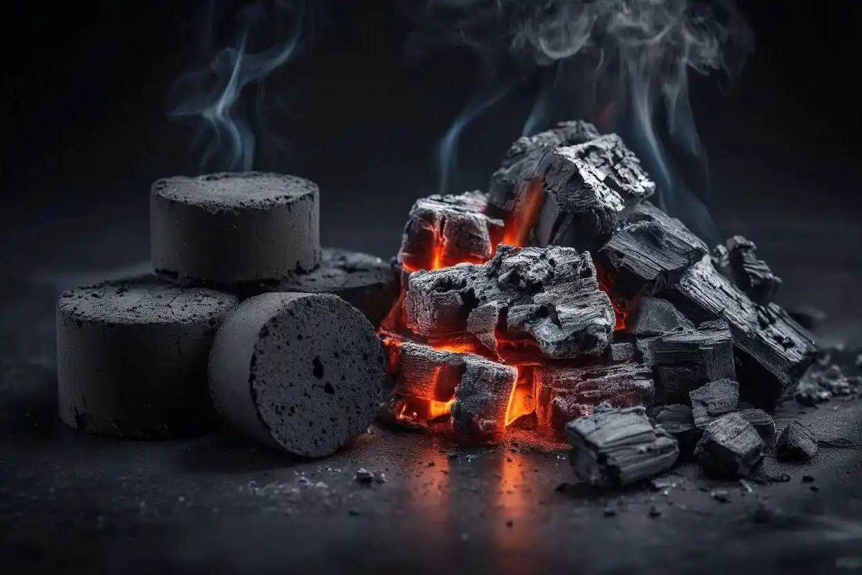 coconut charcoal vs wood charcoal comparison showing briquettes and wood charcoal with visible heat and texture differences