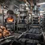 shisha charcoal production process overview showing coconut shell charcoal manufacturing stages from carbonization to cube shaping
