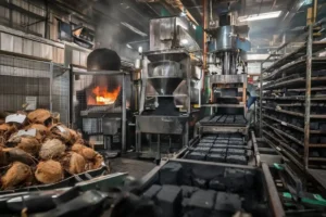 shisha charcoal production process overview showing coconut shell charcoal manufacturing stages from carbonization to cube shaping