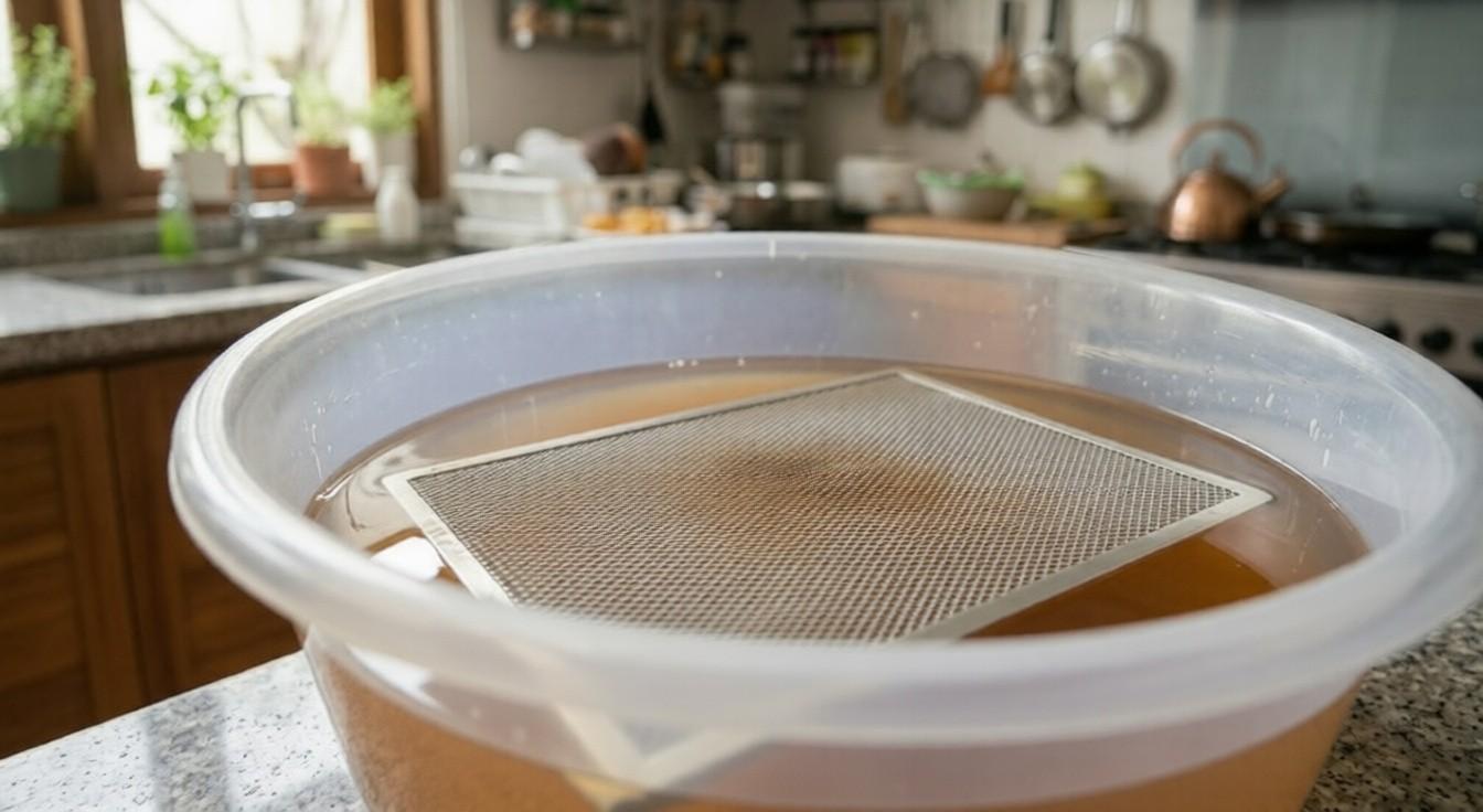 membersihkan filter cooker hood dengan air sabun